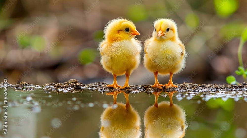 Adorable reflection of a tiny yellow chick on mirrored surface, creating a captivating visual effect Adorable reflection of a tiny yellow chick on mirrored surface, creating a captivating visual effect