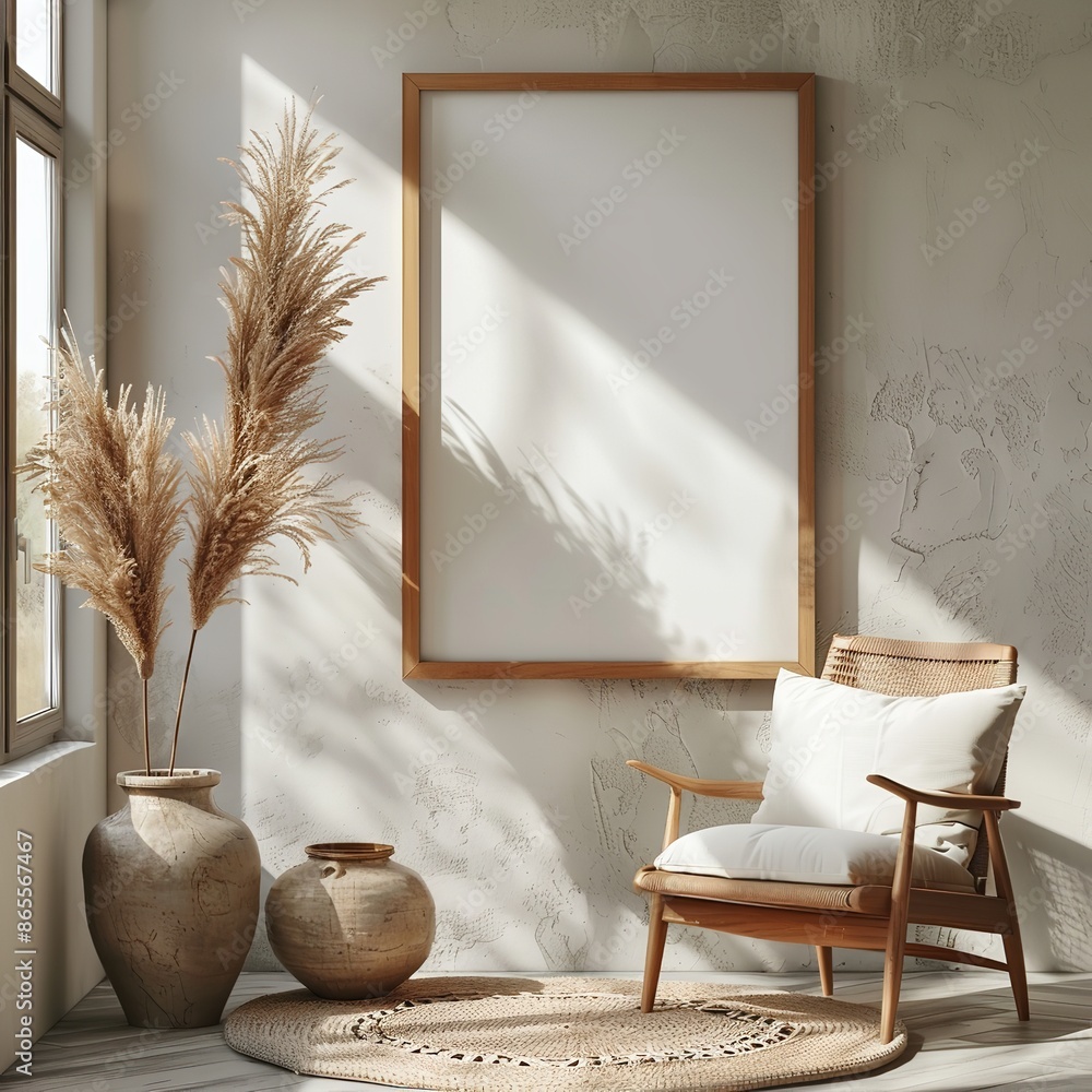Wooden Frame Mockup Close-Up Standing Near Chair and Vase Wooden Frame Mockup Close-Up Standing Near Chair and Vase