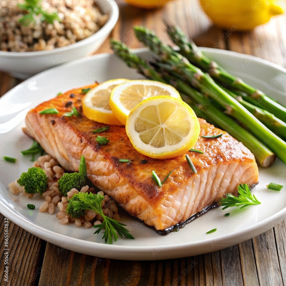 A perfectly grilled salmon fillet served with a lemon wedge, steamed asparagus, and a side of wild rice. A perfectly grilled salmon fillet served with a lemon wedge, steamed asparagus, and a side of wild rice.