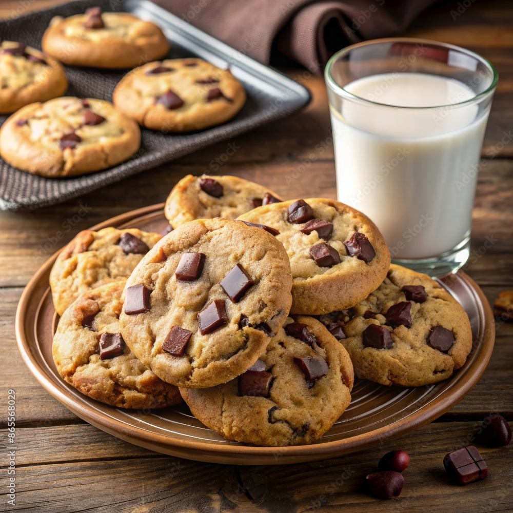 A plate of freshly baked chocolate chip cookies with gooey chocolate chunks, served with a glass of milk. A plate of freshly baked chocolate chip cookies with gooey chocolate chunks, served with a glass of milk.