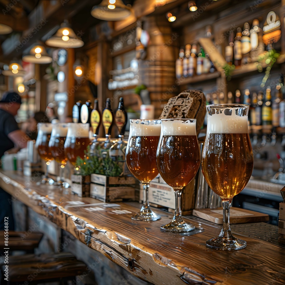 Warm lighting highlighting craft beer at a rustic bar. Warm lighting highlighting craft beer at a rustic bar.