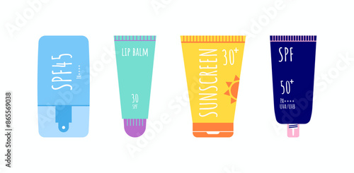 Sunscreens in different tubes. Set of sun cream in cartoon style. Lip balm with SPF and summer sunblocks.