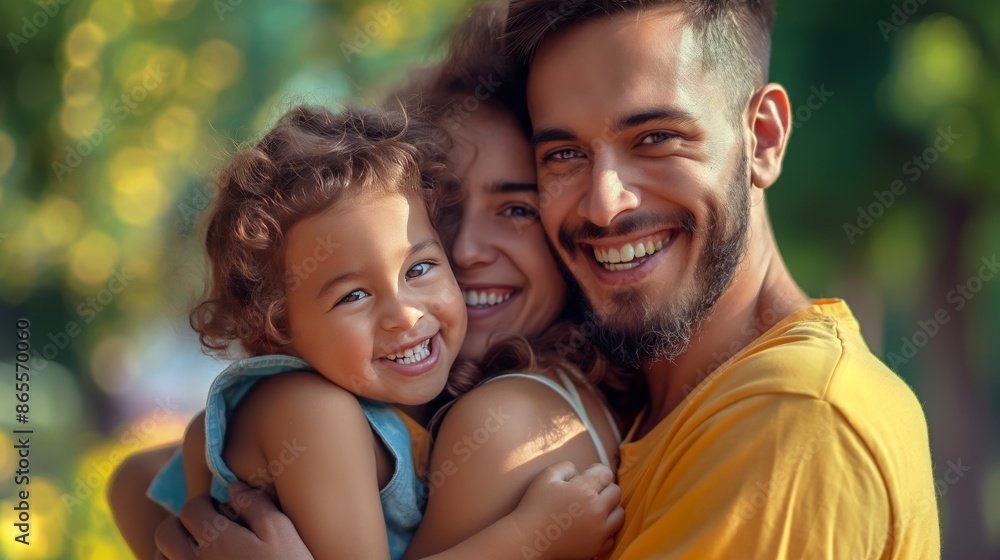Naklejka premium A happy family shares a joyful moment outdoors.