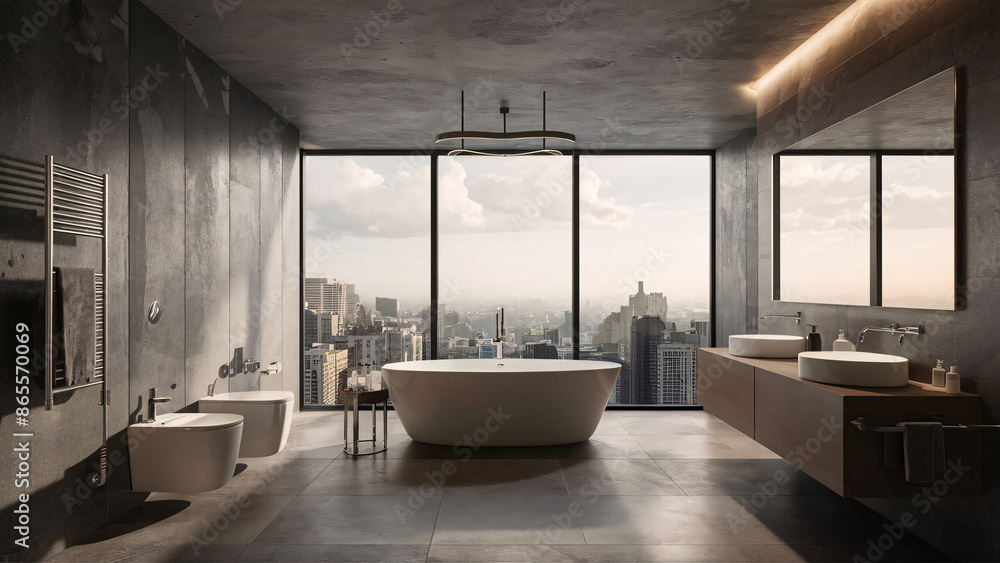 Brutalist interior design. 3D rendering of a modern bathroom with a panoramic window Brutalist interior design. 3D rendering of a modern bathroom with a panoramic window