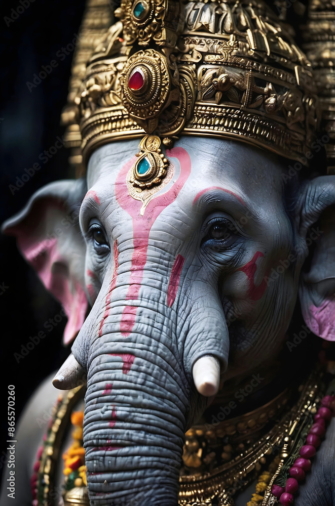 Lord Ganesha major deity in the Hindu pantheon, god with elephant's head and a human body, with four arms