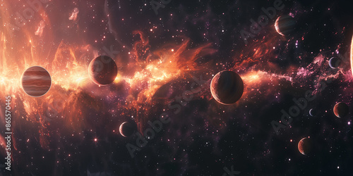 Fantasy landscape of multiple planets in space, cosmic background with stars and nebulae,
