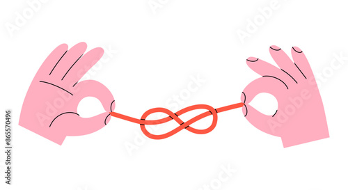 Hand drawn cute cartoon illustration two hands with red thread. Flat vector rope tied in eight sea knot doodle style. Connection or family ties icon. Love romantic couple print. Forever bond. Isolated