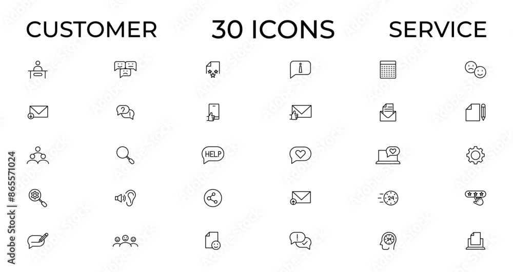 Customer service icon set. Containing customer satisfied, assistance, experience, feedback, operator and technical support icons. Thin outline icons pack. Customer service icon set. Containing customer satisfied, assistance, experience, feedback, operator and technical support icons. Thin outline icons pack.