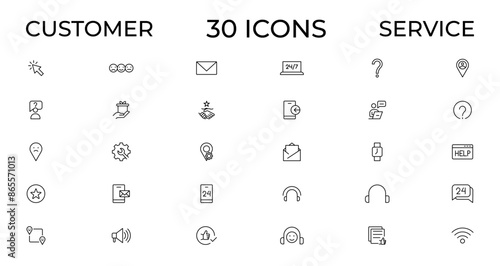 Customer service icon set. Containing customer satisfied, assistance, experience, feedback, operator and technical support icons. Thin outline icons pack.