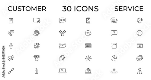 Customer service icon set. Containing customer satisfied, assistance, experience, feedback, operator and technical support icons. Thin outline icons pack.