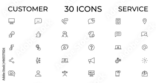 Customer service icon set. Containing customer satisfied, assistance, experience, feedback, operator and technical support icons. Thin outline icons pack.