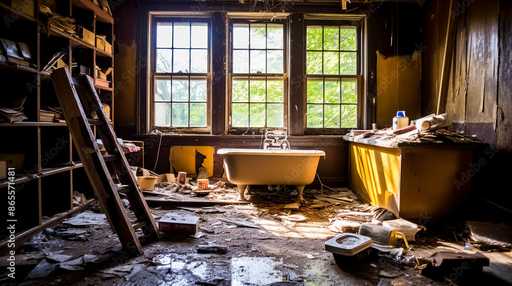 Obraz premium Interior of an old abandoned building with a dirty bathtub in the foreground. Concept of decay and abomination of desolation
