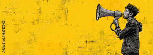 Black and white sketch of man holding megaphone, yellow background. Conceptual art concept for positive change in society