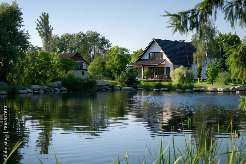 Nestled beside a serene lake, the house exudes tranquility and charm. Nestled beside a serene lake, the house exudes tranquility and charm.
