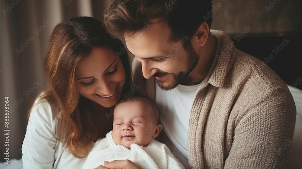 Loving Parents Cradling Their Smiling Newborn Baby in a Cozy Home Setting Loving Parents Cradling Their Smiling Newborn Baby in a Cozy Home Setting