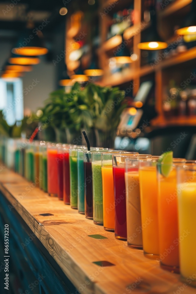 Varied smoothie flavors lined Varied smoothie flavors lined