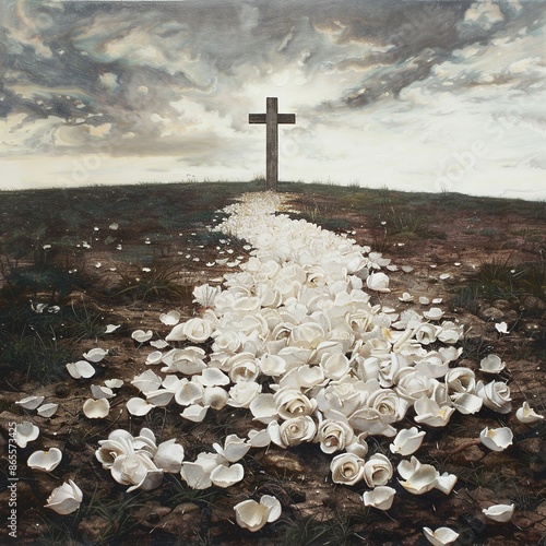 Path of white rose petals leading to a cross, symbolizing purity and faith. Perfect for themes of spirituality and devotion photo