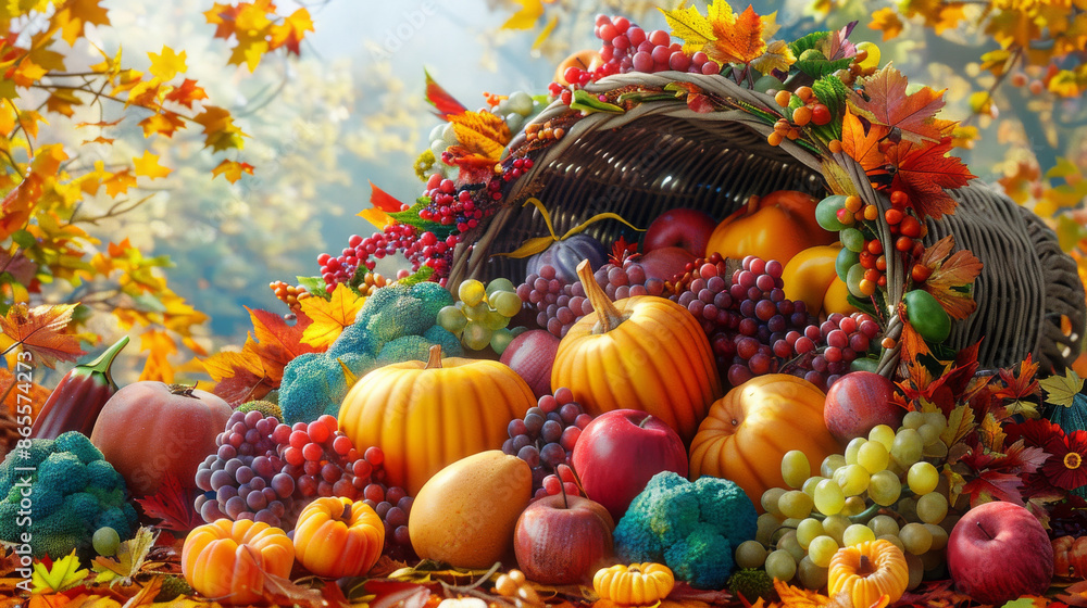 A basket full of fruits and vegetables, including apples, grapes, and squash A basket full of fruits and vegetables, including apples, grapes, and squash