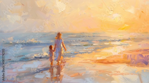 Oil painting mother and Child Walking on the Beach at Sunset. Impressionism