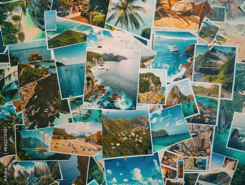 Top view of A collage of many photos. Lots of vacation travel photos. Top view of A collage of many photos. Lots of vacation travel photos.