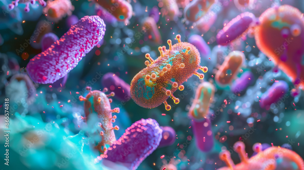 A colorful image of bacteria with a pink and purple one in the middle A colorful image of bacteria with a pink and purple one in the middle