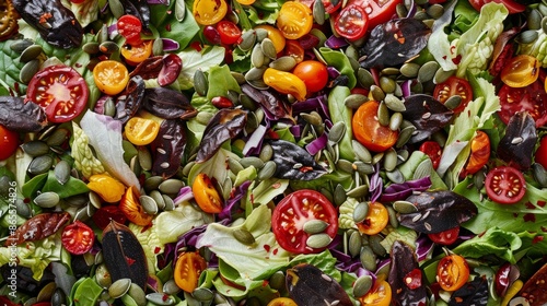A colorful salad featuring roasted foraged seeds such as pumpkin seeds sunflower seeds and hemp seeds.