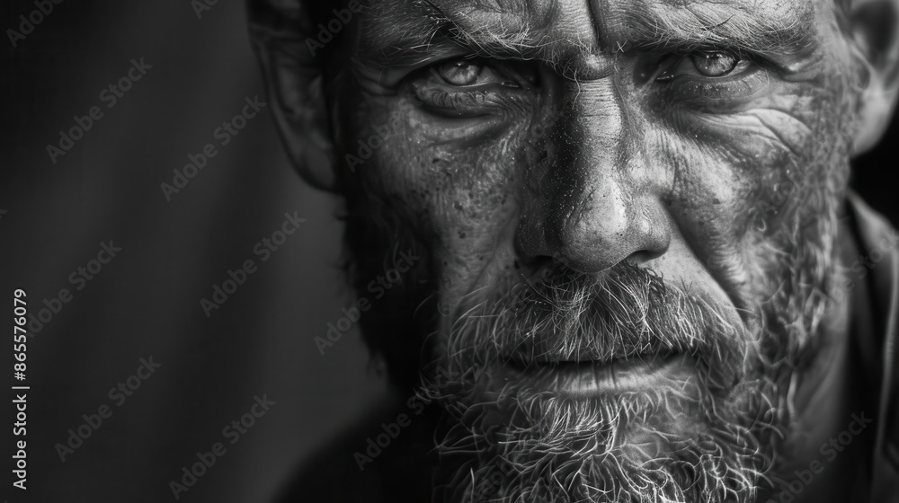 intense black and white closeup portrait of rugged man with penetrating gaze beard and weathered features intense black and white closeup portrait of rugged man with penetrating gaze beard and weathered features