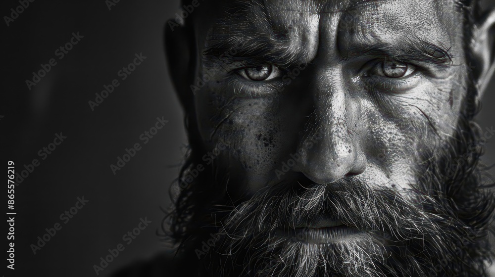 intense black and white closeup portrait of rugged man with penetrating gaze beard and weathered features intense black and white closeup portrait of rugged man with penetrating gaze beard and weathered features