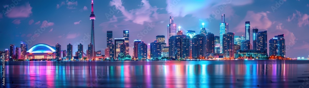 Fototapeta premium Vibrant city skyline at night