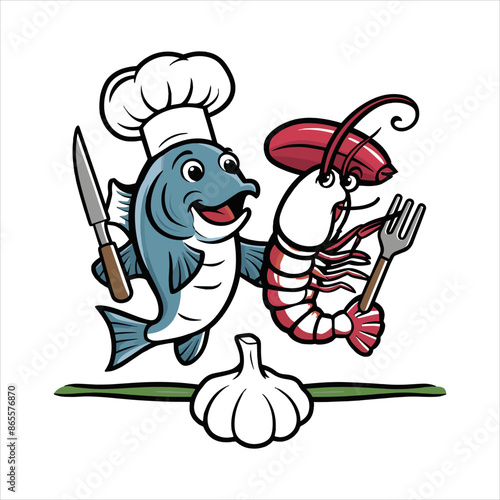 A lively animated logo featuring an oyster-shaped fish as an oyster illustration logo and t-shirt design.