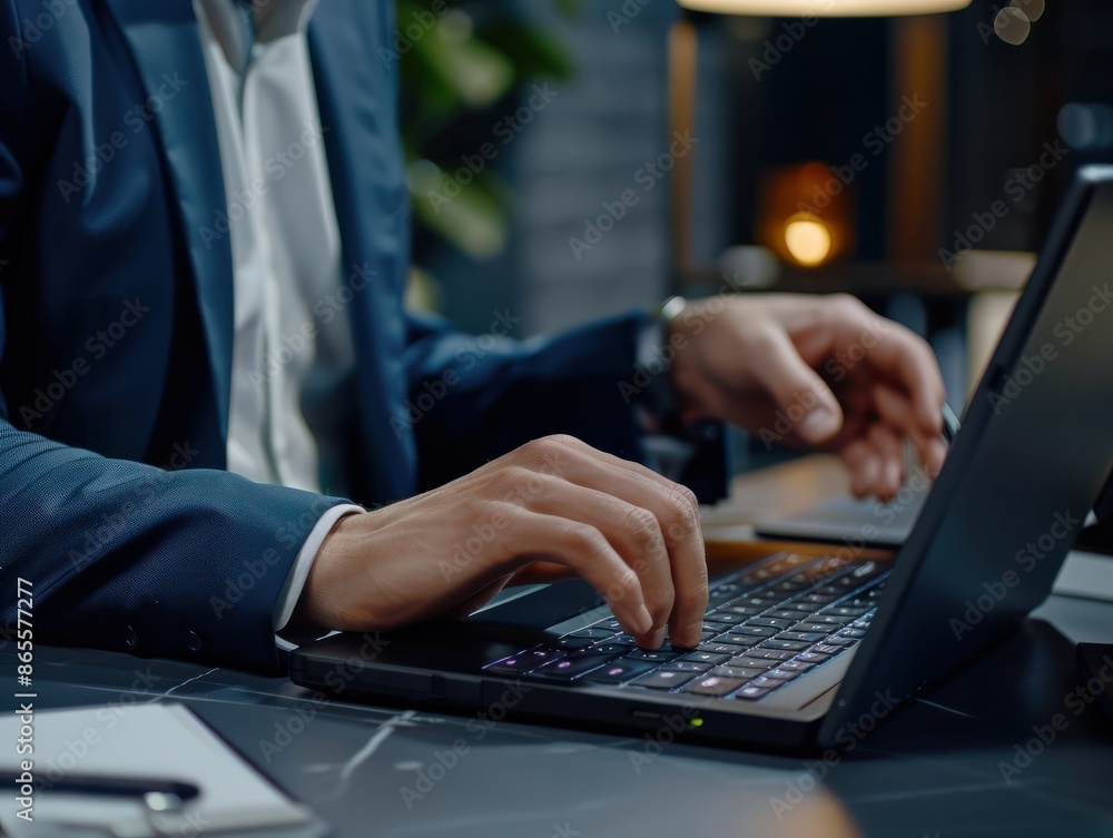Businessman working on laptop computer in modern office, closeup. Business and technology concept Businessman working on laptop computer in modern office, closeup. Business and technology concept