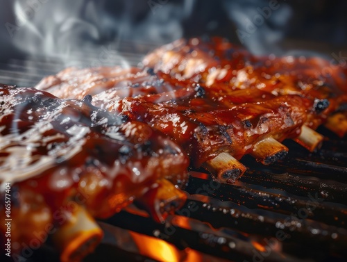 close-up of juicy bbq ribs in a smoker