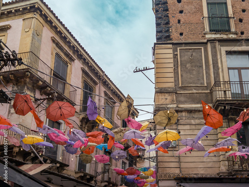 Catania colourful umbrellas at the fishmarket