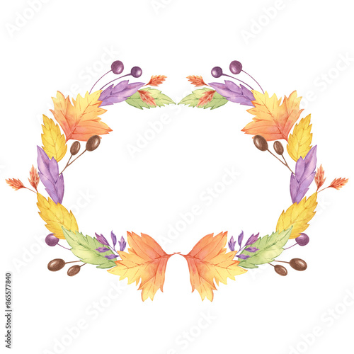 Autumn leaves watercolor wreath. Colorful Yellow, orange, red, purple foliage and berries clipart. Round frame Design element for autumnal decor, thanksgiving day, cards, gift tags, scrapbooking
