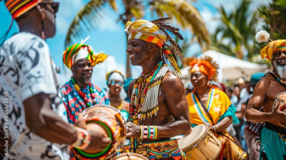 Fototapeta premium A group of men in colorful clothing and traditional headdresses play drums during a Caribbean festival. They are smiling and enjoying the music and festivities.