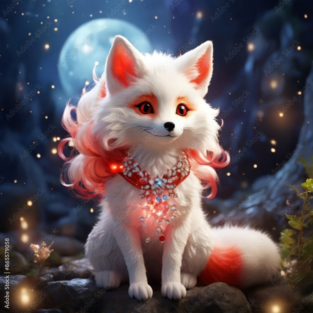 a white fox with a red collar sits on a rock in the woods a white fox with a red collar sits on a rock in the woods