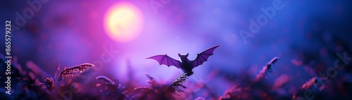 Halloween horror ghostly bat fairy in an evil costume, illuminated by eerie light under a full moon, dark fantasy setting, Gothic Fantasy, Dark purples and blacks, 8K Ultra HD, Creepy details, siniste