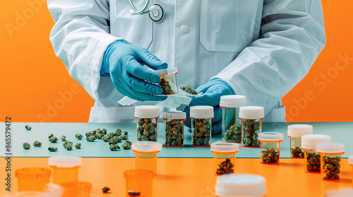 photo of a gloved doctor holding tightly packaged jars of medical cannabis and a table with many of these packages neatly organized, minimalist, cannabis, plant, close up, macro, marijuana, ganja.