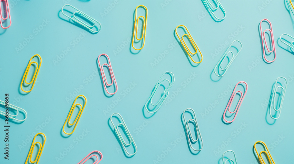Pastel colored paper clips scattered on a blue surface Pastel colored paper clips scattered on a blue surface