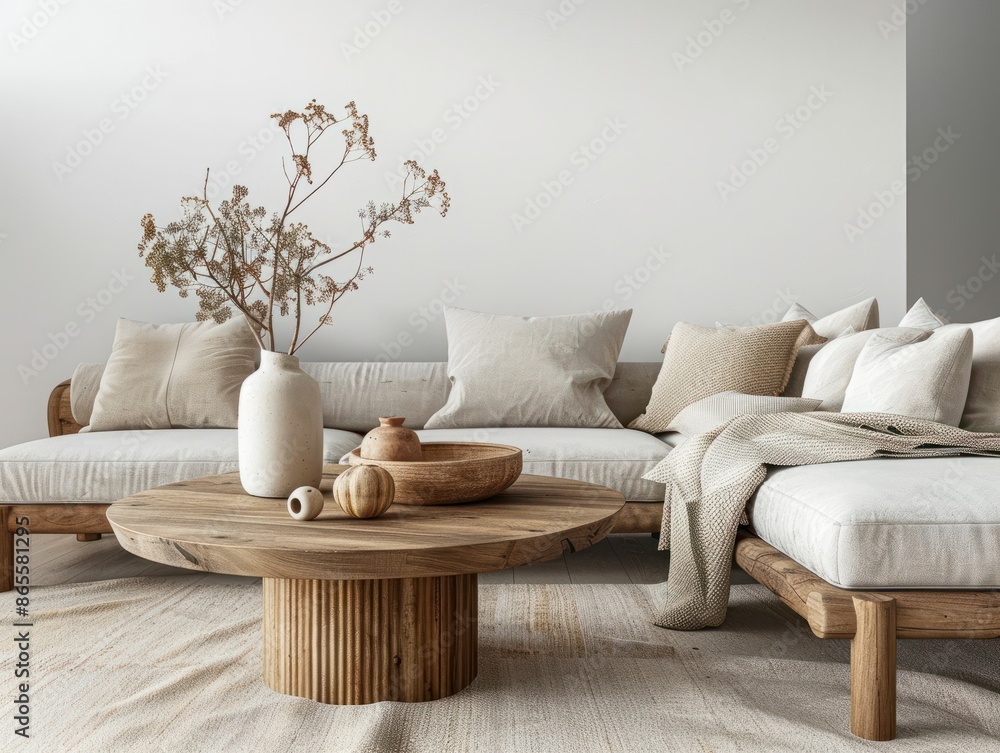 Round wooden coffee tbale near wooden sofa with beige pillows. Scandinavian home interior design of modern living room. Round wooden coffee tbale near wooden sofa with beige pillows. Scandinavian home interior design of modern living room.