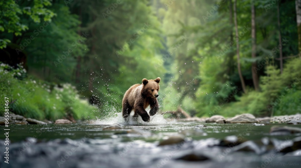 A brown bear runs through a stream in a lush forest, creating a splash of water A brown bear runs through a stream in a lush forest, creating a splash of water