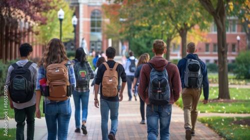 Students walk together on a brick pathway in the middle of a college campus. The group of friends are all wearing backpacks and casual clothing.