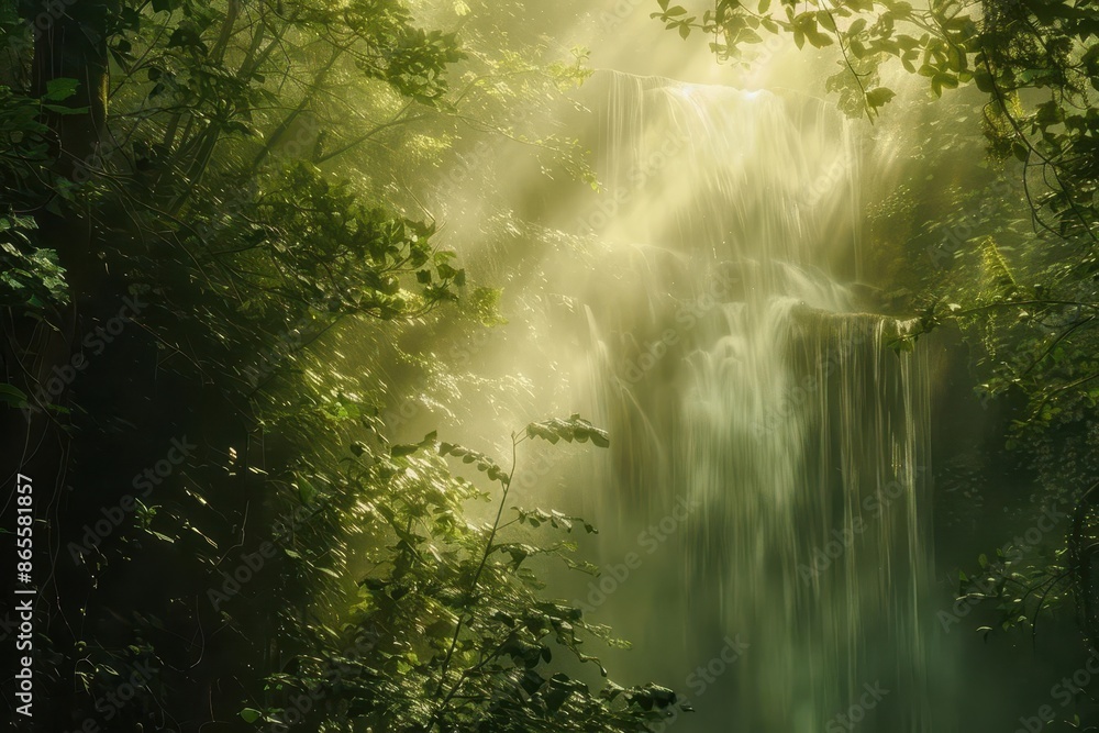 enchanted forest cascade majestic waterfall tumbling through lush misty woodland soft dreamy atmosphere with ethereal light filtering through foliage enchanted forest cascade majestic waterfall tumbling through lush misty woodland soft dreamy atmosphere with ethereal light filtering through foliage