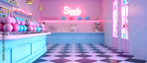 Vibrant candy shop with pastel pink and blue decor, candyfilled shelves, retro neon signs, checkered floor, whimsical decorations, joyful and colorful environment, Contemporary, Pastel pinks and blues photo