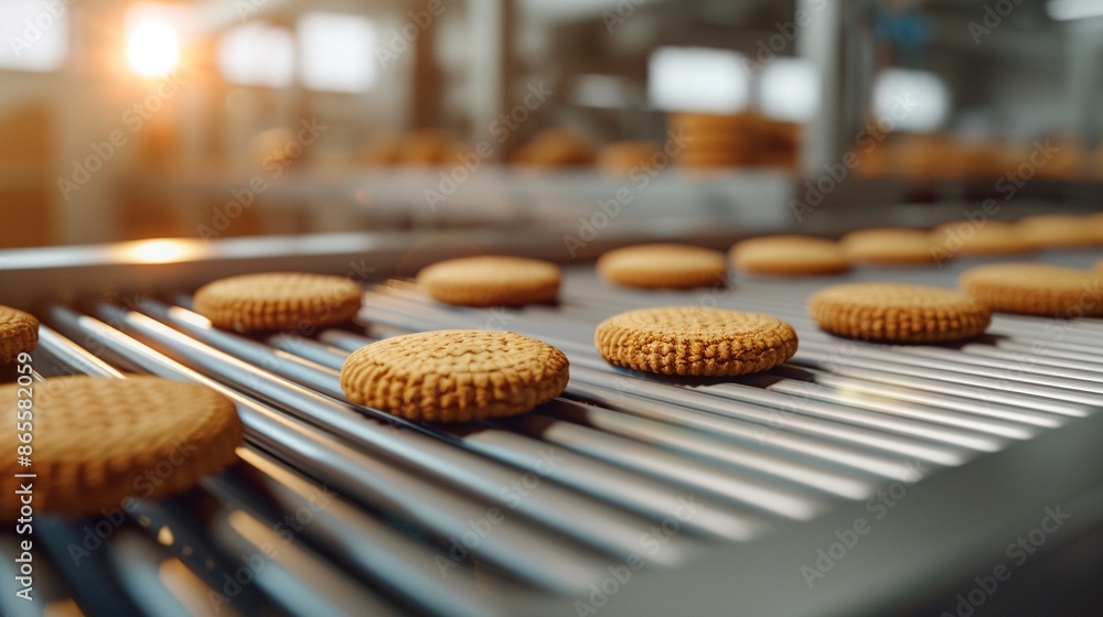 Bakery production line with a conveyor belt transporting cookies, detailed view of the industrial baking process in a factory environment, Modern, Warm browns, silver tones, 8K rendering, High detail, Bakery production line with a conveyor belt transporting cookies, detailed view of the industrial baking process in a factory environment, Modern, Warm browns, silver tones, 8K rendering, High detail,