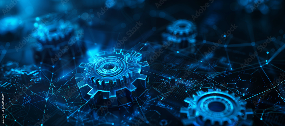 Abstract blue glowing digital gears and connections on a dark background Abstract blue glowing digital gears and connections on a dark background