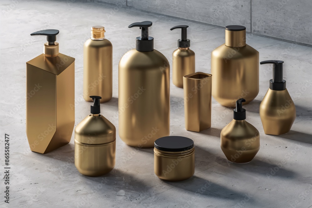 Gold cosmetic containers on concrete surface Gold cosmetic containers on concrete surface