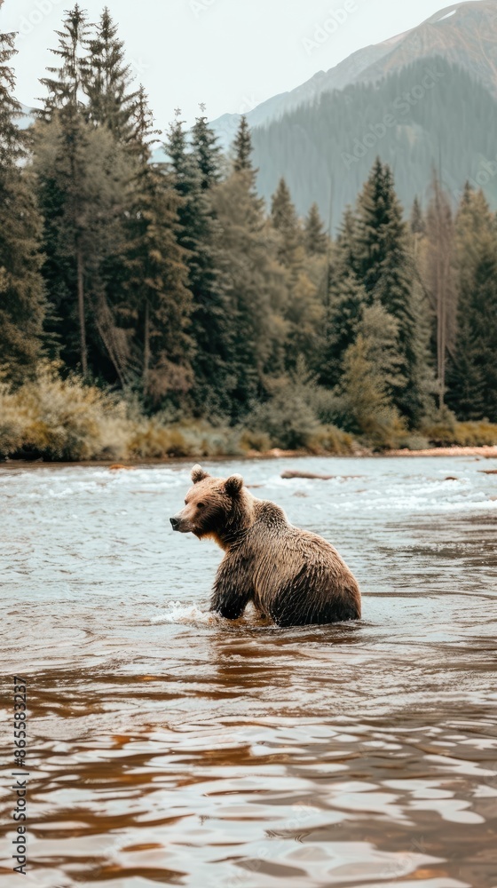 A brown bear runs through a stream in a lush forest, creating a splash of water A brown bear runs through a stream in a lush forest, creating a splash of water
