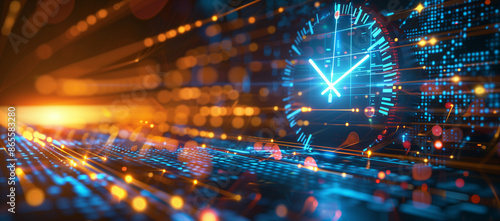 Abstract digital background with futuristic time clock and glowing lights, symbolizing speed in data technology
