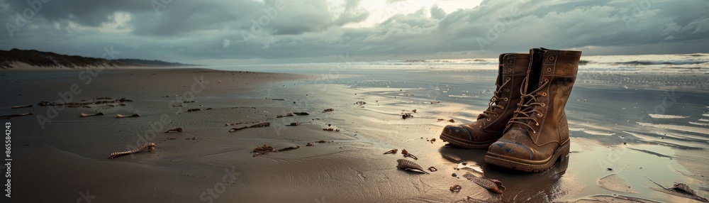 Naklejka premium Vintage military boots on normandy beach
